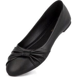Women Black-pu Rubber Slip On Closed Round Toe  Low Wedge Ballet Flats Shoes